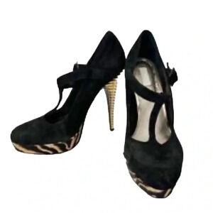 Rachel Roy Kistyn black  suede leather platform Tiger striped heels Sz 9.5